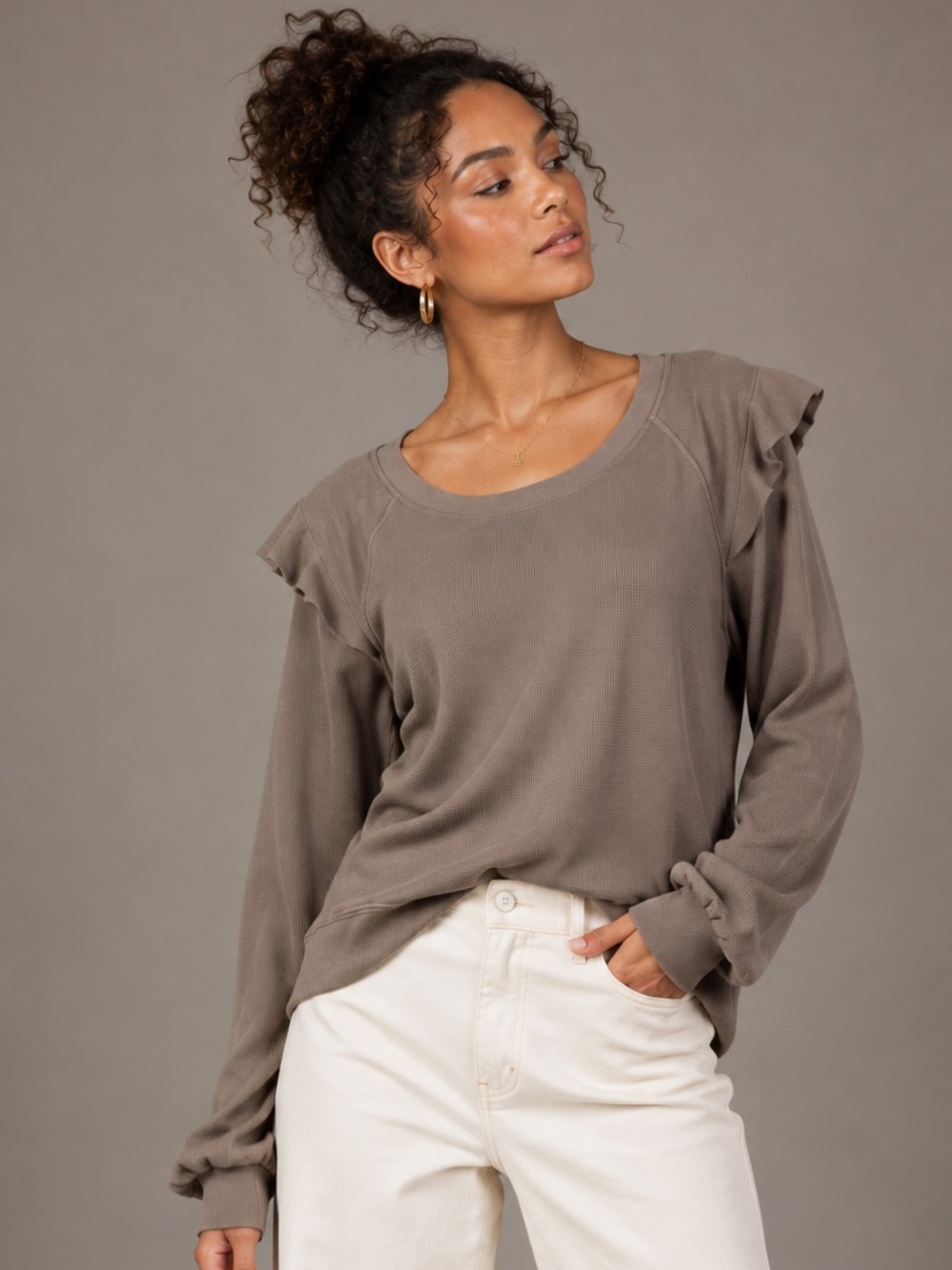 LA Made Olive Brown Thermal Ruffle Shoulder Long Sleeve Top